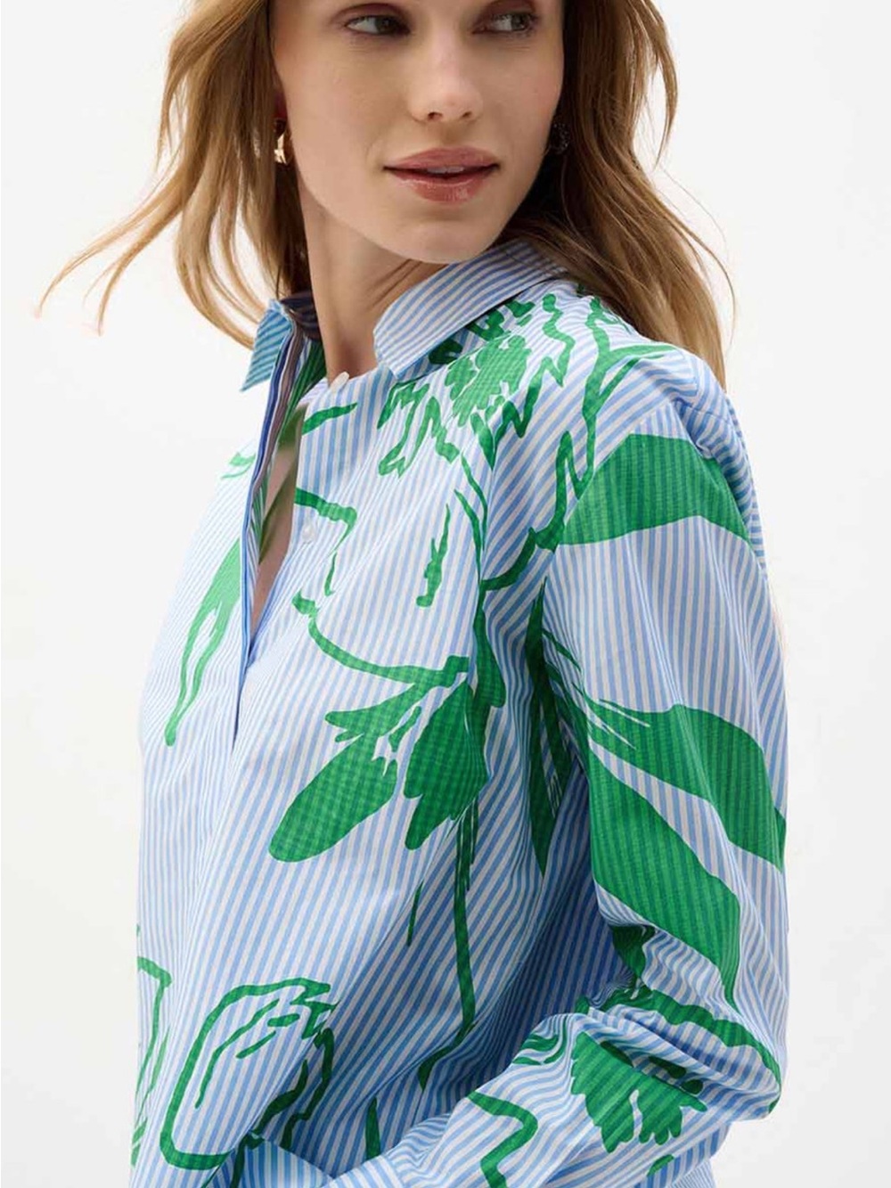 Joseph Ribkoff Blue-and-White Striped Button-Down with Green Floral Print